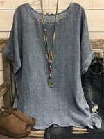 Round Neck Casual Loose Solid Color Linen Short-sleeved Blouse