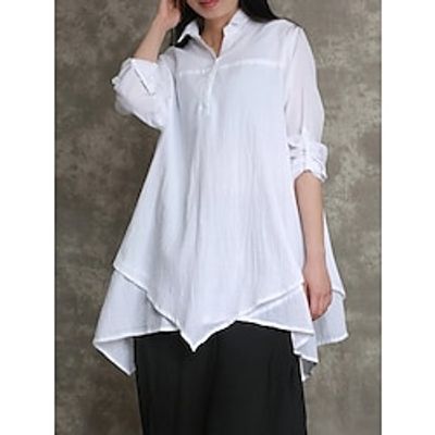 Women's Shirt Blouse Linen White Navy Blue Plain Button Flowing tunic Long Sleeve Casual Fashion Shirt Collar Regular Fit Spring   Fall Lightinthebox