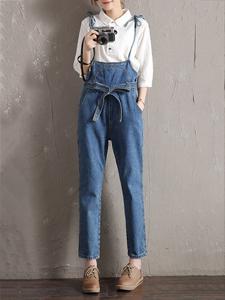 Casual Solid Strap Denim Jumpsuits With Belt