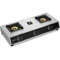 Krome Gas Stove 3 Burners| Auto Ignition| Two 100MM + Single 30MM Brass Burner Cap| LPG Cooktop| Flame Failure Device| Enamel Square Pan Support| C...