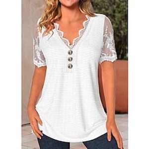 Women's Shirt Blouse White Plain Lace Button Short Sleeve Casual Basic V Neck Regular S miniinthebox