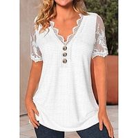 Women's Shirt Blouse White Plain Lace Button Short Sleeve Casual Basic V Neck Regular S miniinthebox - thumbnail
