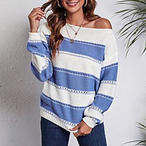 Women's Sweater Pullover Jumper Stripe Knitted Striped Color Block Stylish Casual Soft Long Sleeve Sweater Cardigans Off Shoulder Spring Blue Black Pink Lightinthebox