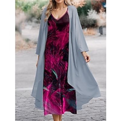Women's Two Piece Dress Set Casual Dress Chiffon Dress Outdoor Office Fashion Streetwear Print Long Dress Maxi Dress V Neck Long Sleeve Floral Regular Fit Red Purple Fuchsia Spring S M L XL XXL Lightinthebox