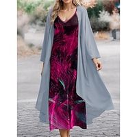 Women's Two Piece Dress Set Casual Dress Chiffon Dress Outdoor Office Fashion Streetwear Print Long Dress Maxi Dress V Neck Long Sleeve Floral Regular Fit Red Purple Fuchsia Spring S M L XL XXL Lightinthebox - thumbnail