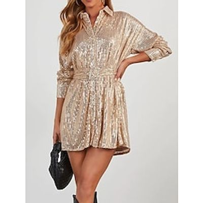 Women's Sequin Dress Party Dress Cocktail Dress Mini Dress Rose Gold Long Sleeve Pure Color Sequins Spring Fall Winter Shirt Collar Fashion Winter Dress Christmas Wedding Guest 2023 S M L XL XXL 3XL Lightinthebox