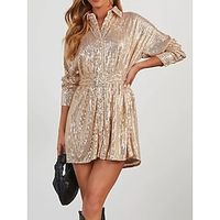Women's Sequin Dress Party Dress Cocktail Dress Mini Dress Rose Gold Long Sleeve Pure Color Sequins Spring Fall Winter Shirt Collar Fashion Winter Dress Christmas Wedding Guest 2023 S M L XL XXL 3XL Lightinthebox - thumbnail