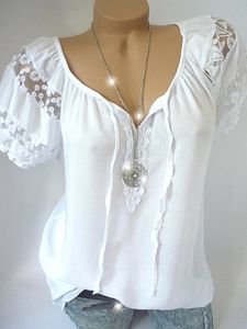 V Neck Patchwork Lace Plain Blouses