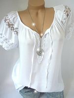 V Neck Patchwork Lace Plain Blouses - thumbnail