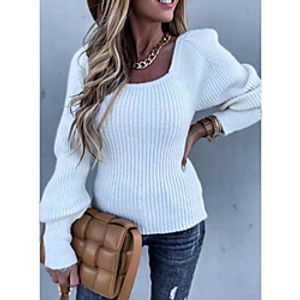 Women's Pullover Sweater Classic Style Solid Color Elegant Casual Long Sleeve Sweater Cardigans Square Neck Fall Winter White Apricot Lightinthebox