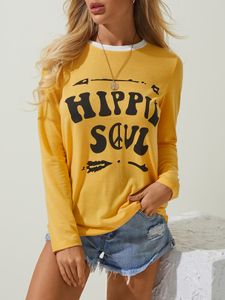 YOINS Yellow Letter Print Crew Neck Long Sleeves Tee