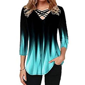 womens tops summer t-shirt plus size half sleeve gradient ombre color criss-cross v-neck loose fit tee blouse(c green,large) Lightinthebox
