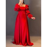 A-Line Evening Gown Elegant Dress Formal Christmas Red Green Dress Sweep  Brush Train Long Sleeve Square Neck Satin with Pleats 2023 Lightinthebox - thumbnail