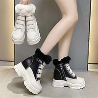 Women's Sneakers Boots Snow Boots High Top Sneakers Outdoor Daily Fleece Lined Booties Ankle Boots Hidden Heel Round Toe Fashion Plush Casual Faux Leather Faux Fur Elastic Band Solid Color Color Block Lightinthebox - thumbnail
