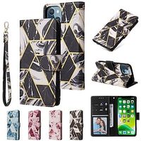 Phone Case For Apple Wallet Card iPhone 13 Pro Max 12 Mini 11 X XR XS Max 8 7 Shockproof with Wrist Strap Card Holder Slots Flower Marble PU Leather miniinthebox - thumbnail