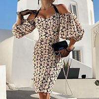 Women's Sheath Dress Knee Length Dress Beige Short Sleeve Print Backless Cold Shoulder Print Spring Summer Off Shoulder Stylish Casual Modern 2021 S M L XL Lightinthebox - thumbnail