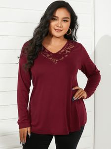 YOINS Plus Size V-neck Patchwork Lace Long Sleeves Tee