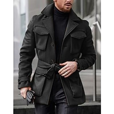 Men's Winter Coat Peacoat Trench Coat Outdoor Daily Wear Fall  Winter Polyester Thermal Warm Windproof Outerwear Clothing Apparel Fashion Streetwear Plain Pocket Lapel Single Breasted One-button Lightinthebox