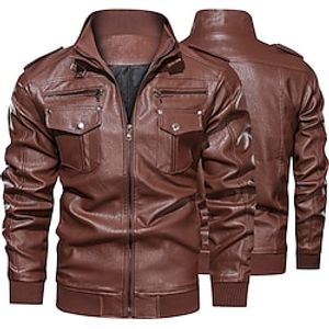Men's Faux Leather Jacket Biker Jacket Motorcycle Jacket Outdoor Daily Wear Warm Pocket Fall Winter Plain Fashion Streetwear Lapel Regular Black Coffee Jacket Lightinthebox