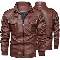 Men's Faux Leather Jacket Biker Jacket Motorcycle Jacket Outdoor Daily Wear Warm Pocket Fall Winter Plain Fashion Streetwear Lapel Regular Black Coffee Jacket Lightinthebox - thumbnail