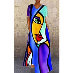 Women's A Line Dress Maxi long Dress Face blue Red face Human face orange White Purple Short Sleeve Print Abstract Print Spring Summer V Neck Elegant Casual 2021 S M L XL XXL XXXL Lightinthebox