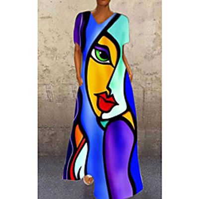 Women's A Line Dress Maxi long Dress Face blue Red face Human face orange White Purple Short Sleeve Print Abstract Print Spring Summer V Neck Elegant Casual 2021 S M L XL XXL XXXL Lightinthebox