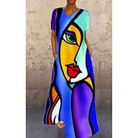 Women's A Line Dress Maxi long Dress Face blue Red face Human face orange White Purple Short Sleeve Print Abstract Print Spring Summer V Neck Elegant Casual 2021 S M L XL XXL XXXL Lightinthebox - thumbnail