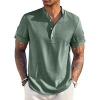 Men's Shirt Linen Shirt Summer Shirt Beach Shirt Yellow Pink Green Short Sleeve Solid Color Band Collar Summer Casual Daily Clothing Apparel Lightinthebox