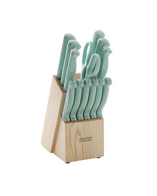 Keswick 14 Pieces Cutlery Set With Wood Block Turquoise Pistol Grip Handle