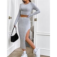 Women's Two Piece Dress Set Casual Dress Skirt Set Outdoor Date Fashion Modern Split Ribbed Midi Dress Crew Neck Long Sleeve Plain Regular Fit Gray Spring S M L Lightinthebox - thumbnail