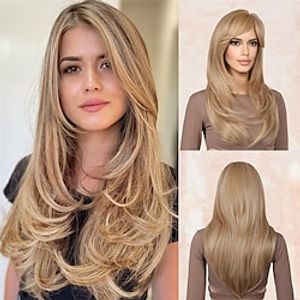 Long Blonde Wigs with Side Bangs Layered Wigs for Women Shoulder Length Synthetic Wigs for Women Daily Cosplay Halloween Party 23 Inch Golden Blonde with Light Blonde Highlights miniinthebox