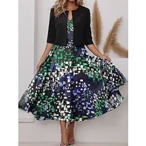 Women's Two Piece Dress Set Casual Dress Chiffon Dress Outdoor Holiday Fashion Streetwear Print Midi Dress V Neck Half Sleeve Geometric Color Block Regular Fit Blue Purple Green Spring S M L XL XXL Lightinthebox