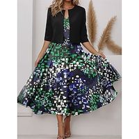 Women's Two Piece Dress Set Casual Dress Chiffon Dress Outdoor Holiday Fashion Streetwear Print Midi Dress V Neck Half Sleeve Geometric Color Block Regular Fit Blue Purple Green Spring S M L XL XXL Lightinthebox - thumbnail