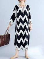 Wave Print Embroidered Patchwork Irregular Long Sleeve O-neck Dresses