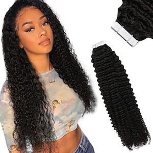 Tape in Hair Extensions Curly Human Hair #1B Natural Black Curly Adhesive Human Hair Extension Invisible Hair Extension Tape Human Hair Curly 18 Inch 50g 20 Pieces miniinthebox