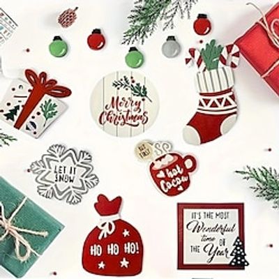 12pcs/set Christmas Tiered Tray Decoration, Gifts, Snowflakes, Wallets, Socks, Coffee, Letters Sign Wooden Ornaments, Home Layered Tray Decoration Set, Holiday Supplies, Christmas Gifts, New Year Part miniinthebox