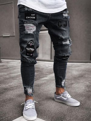 Men Stretch Ripped Skinny Embroidery Hole Scratched Jeans Men Stretch Ripped Skinny Embroidery Hole Scratched Jeans