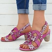 Women's Sandals Block Heel Sandals Stilettos Animal Print Daily Summer Satin Flower Embroidery Flower High Heel Open Toe Fashion PU Ankle Strap Embroidered Pink Gray miniinthebox - thumbnail