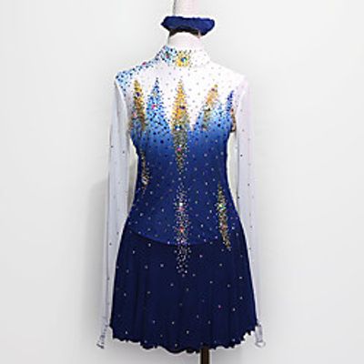 21Grams Figure Skating Dress Women's Girls' Ice Skating Dress Dark Blue Patchwork Asymmetric Hem Spandex High Elasticity Competition Skating Wear Crystal  Rhinestone Long Sleeve Ice Skating Figure Lightinthebox