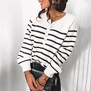Women's Pullover Sweater Knitted Button Striped Stylish Casual Long Sleeve Sweater Cardigans Crew Neck Fall Winter Green White Black miniinthebox
