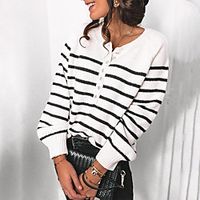 Women's Pullover Sweater Knitted Button Striped Stylish Casual Long Sleeve Sweater Cardigans Crew Neck Fall Winter Green White Black miniinthebox - thumbnail