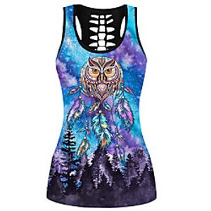 Women's Geometric Vest Racerback Tank Tops Galaxy Cat Feather Print Round Neck Basic Streetwear Tops Blue Purple Fuchsia / 3D Print miniinthebox