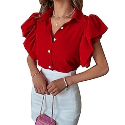 Shirt Blouse Women's Red Blue Fuchsia Solid Color Button Street Daily Fashion Shirt Collar S Lightinthebox