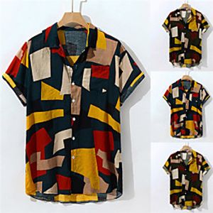 Men's Shirt Color Block Geometry Button-Down Short Sleeve Casual Tops Cotton Casual Fashion Breathable Comfortable White Blue Blushing Pink Lightinthebox