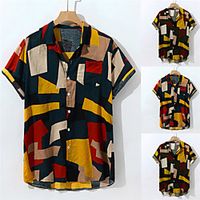 Men's Shirt Color Block Geometry Button-Down Short Sleeve Casual Tops Cotton Casual Fashion Breathable Comfortable White Blue Blushing Pink Lightinthebox - thumbnail
