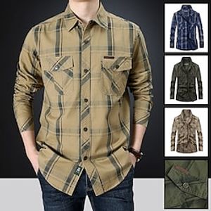 Men's Button Up Shirt Plaid Shirt Summer Shirt Casual Shirt khaki Army Green Dark Blue Long Sleeve Plaid / Check Lapel Outdoor Work Pocket Clothing Apparel Stylish Business Leisure miniinthebox
