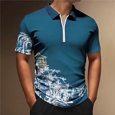 Men's Zip Polo Lapel Polo Polo Shirt Golf Shirt Coconut Tree Graphic Prints Turndown Blue Purple Outdoor Street Short Sleeves Zipper Print Clothing Apparel Fashion Designer Casual Breathable Lightinthebox