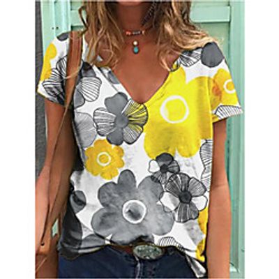 Women's T shirt Floral V Neck Tops Basic Basic Top White miniinthebox