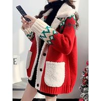 Women's Ugly Christmas Sweater Cardigan Sweater Jumper Ribbed Knit Regular Button Pocket Geometric Shirt Collar Stylish Casual Outdoor Christmas Fall Winter Red Green One-Size Lightinthebox - thumbnail