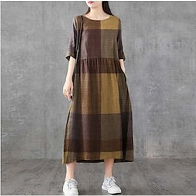 Women's Casual Dress Midi Dress Blue Wine Yellow Half Sleeve Plaid Patchwork Spring Summer Crew Neck Basic Modern 2022 S M L XL XXL 3XL 4XL 5XL miniinthebox Women's Casual Dress Midi Dress Blue Wine Yellow Half Sleeve Plaid Patchwork Spring Summer Crew Neck Basic Modern 2022 S M L XL XXL 3XL 4XL 5XL miniinthebox